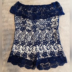 Lace Navy Blue Romper Shorts, Off The Shoulder, Size XL